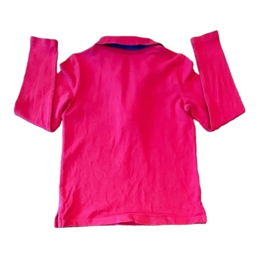 𝅺Ralph Lauren Size 5 Pink Ruffle Long Sleeve Polo w/Blue/Yellow Stripe Collar